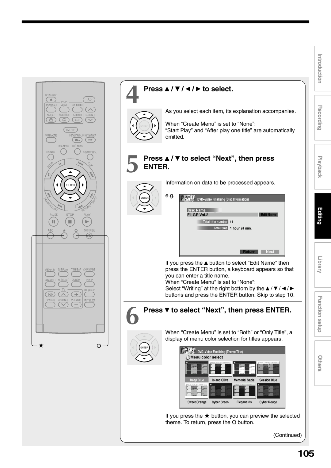 Toshiba D-R1SU 105, Press / / / to select, Press / to select Next, then press, Press to select Next, then press Enter 