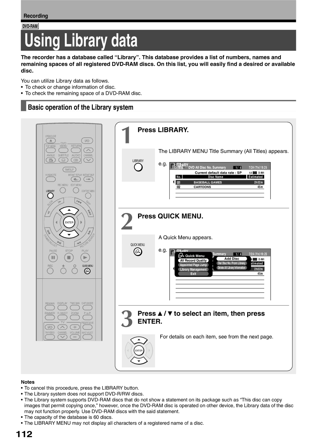 Toshiba D-R1SU owner manual Using Library data, 112, Basic operation of the Library system, Press Library 