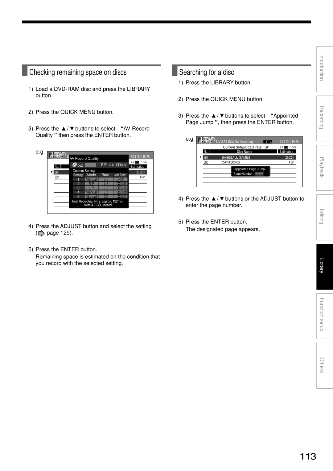 Toshiba D-R1SU owner manual 113, Checking remaining space on discs, Searching for a disc 