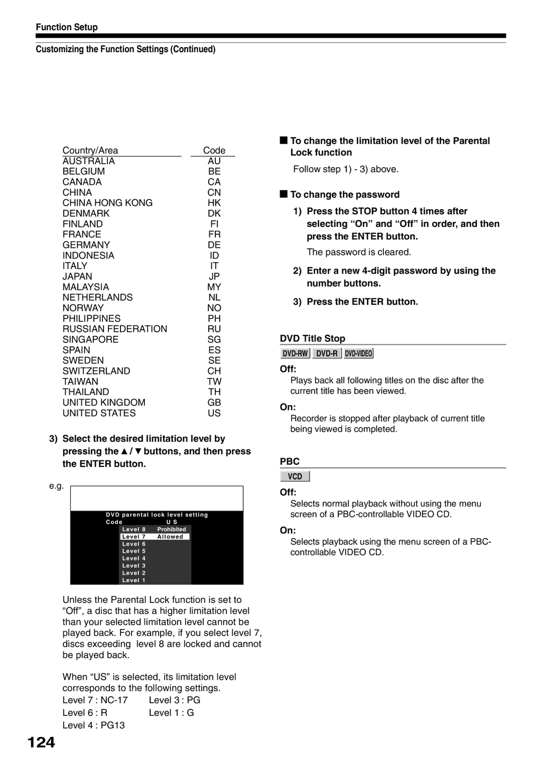 Toshiba D-R1SU owner manual 124, Code 