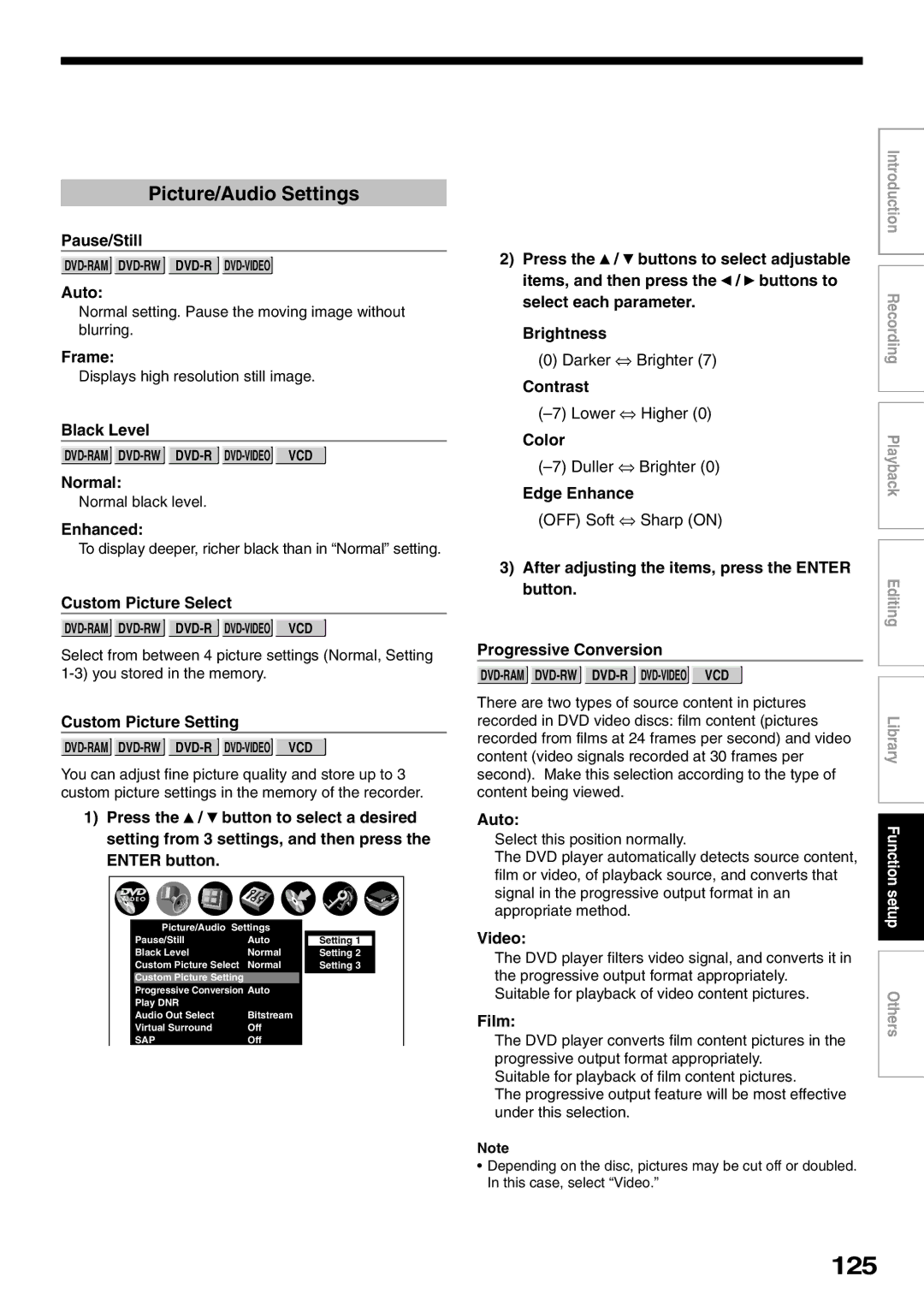 Toshiba D-R1SU owner manual 125, Picture/Audio Settings 