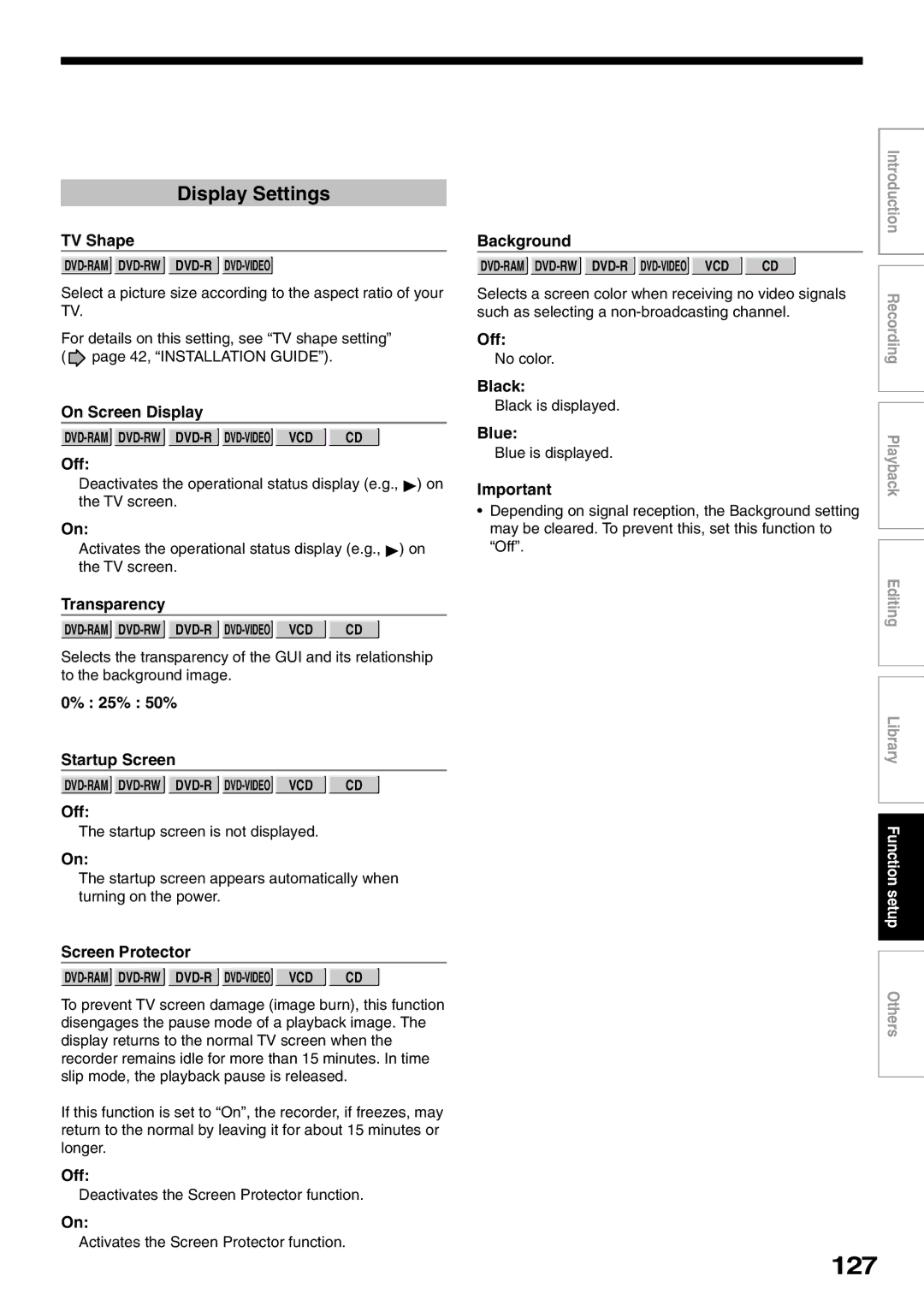 Toshiba D-R1SU owner manual 127, Display Settings 