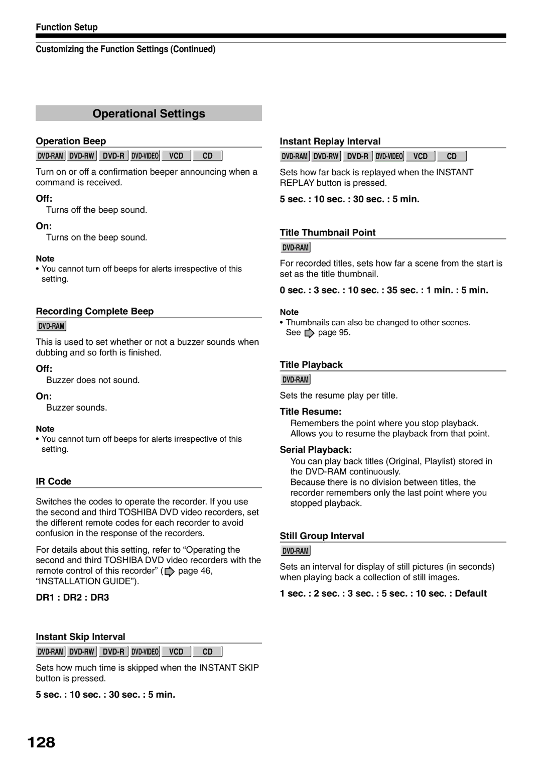 Toshiba D-R1SU owner manual 128, Operational Settings 