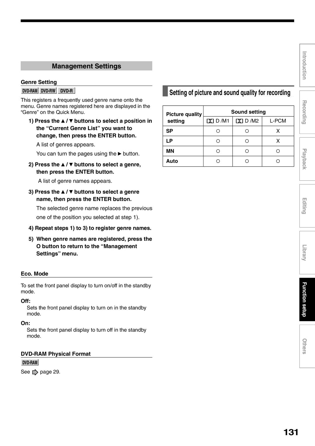 Toshiba D-R1SU owner manual 131, Management Settings, Genre Setting, DVD-RAM Physical Format 