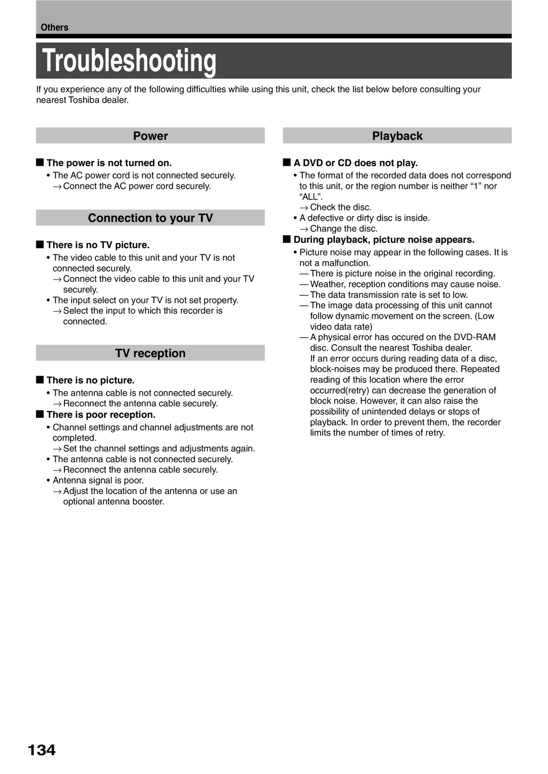 Toshiba D-R1SU owner manual Troubleshooting, 134, Power Playback, Connection to your TV, TV reception 