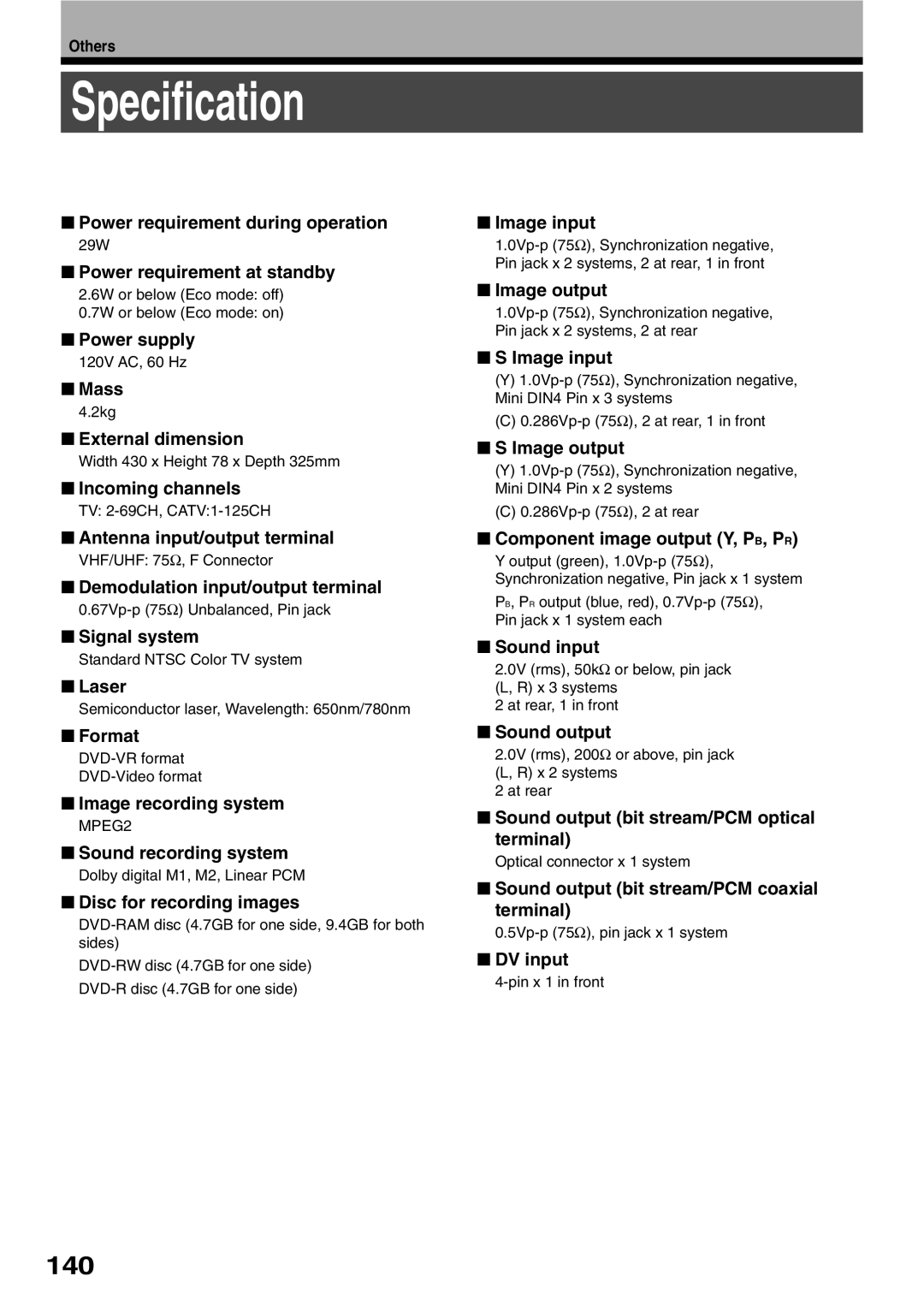 Toshiba D-R1SU owner manual Specification, 140 