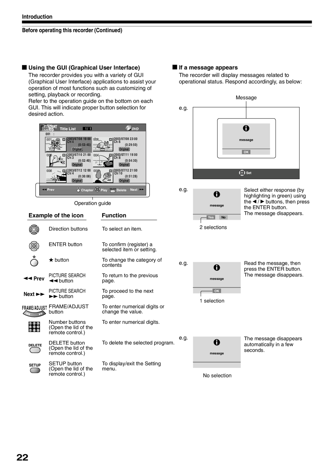 Toshiba D-R1SU owner manual Example of the icon Function, If a message appears, Prev Next 