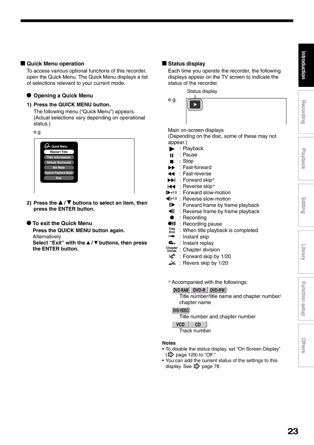 Toshiba D-R1SU owner manual Quick Menu operation, Opening a Quick Menu, To exit the Quick Menu, Status display 