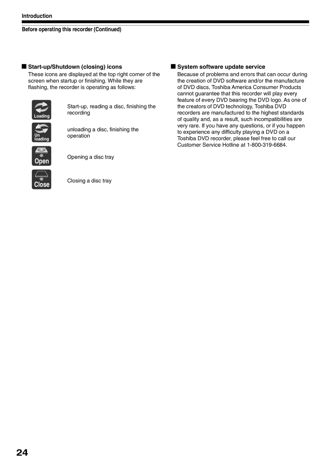 Toshiba D-R1SU owner manual System software update service, Opening a disc tray, Closing a disc tray 