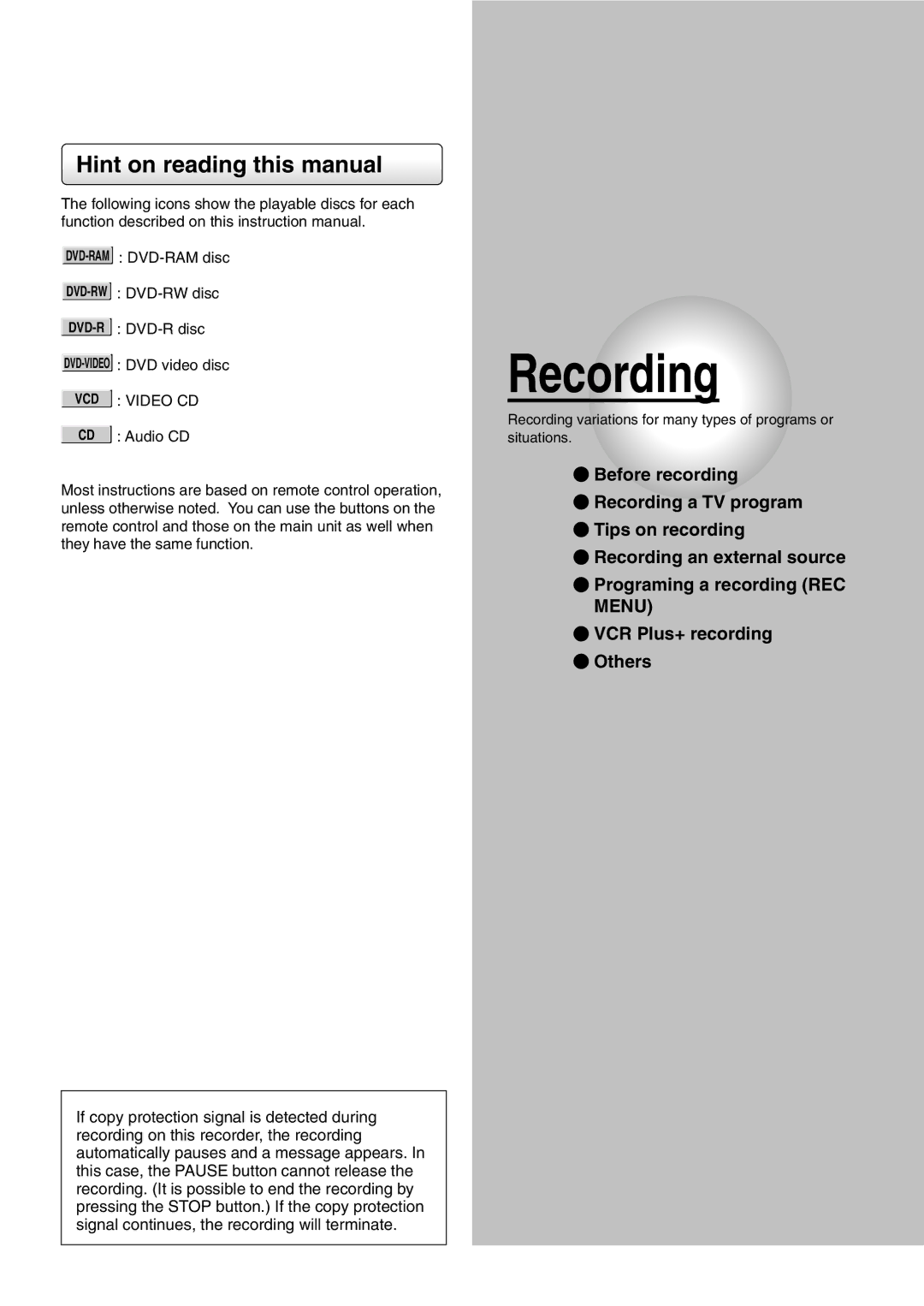 Toshiba D-R1SU owner manual Hint on reading this manual, VCD Video CD 