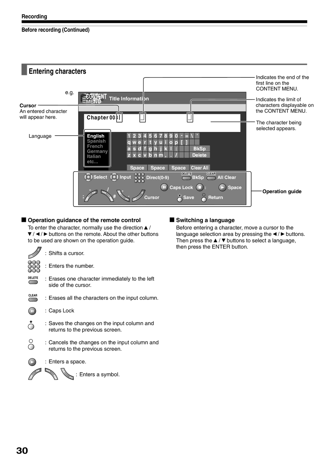 Toshiba D-R1SU owner manual Entering characters, Chapter, Operation guidance of the remote control, Switching a language 