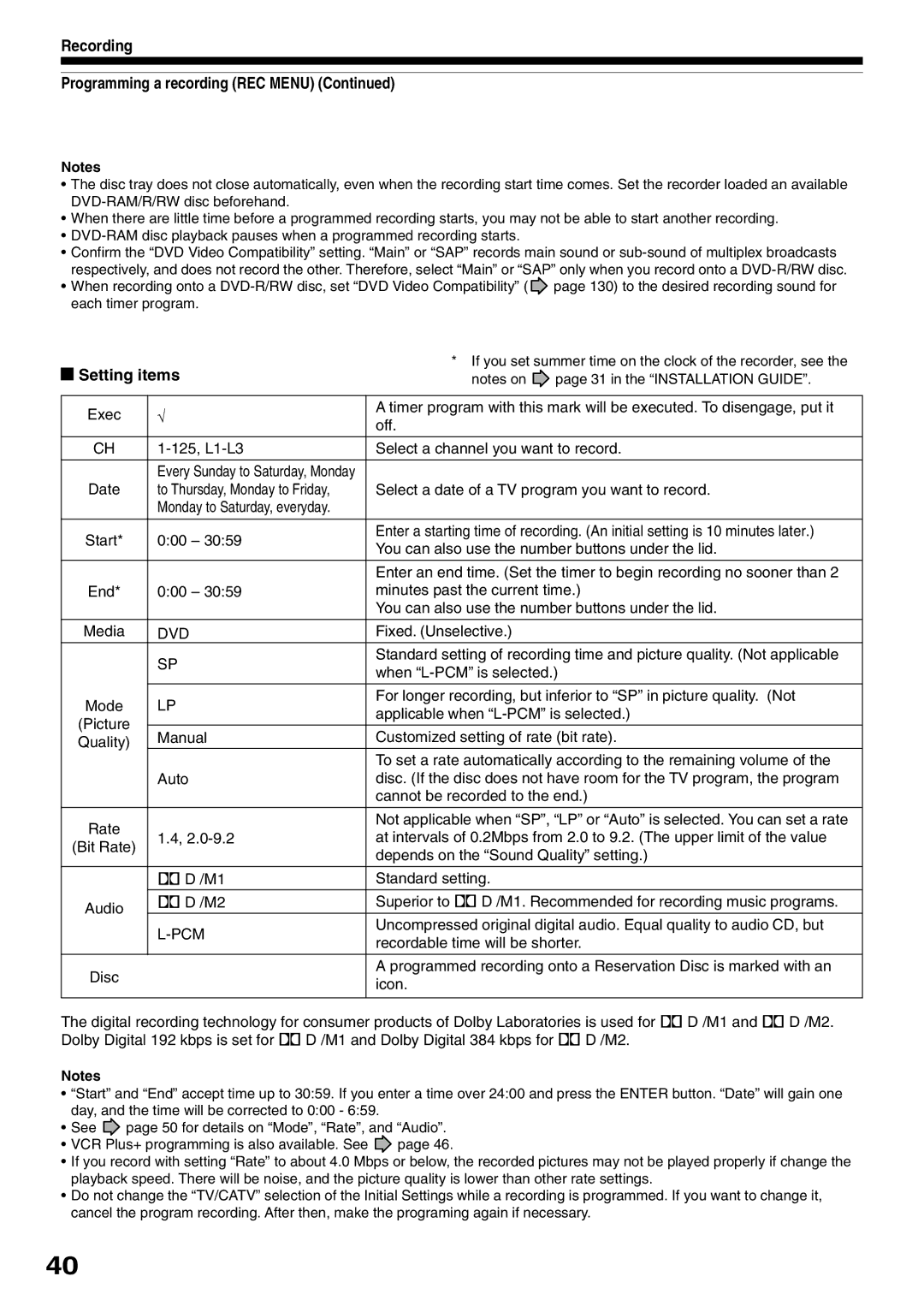 Toshiba D-R1SU owner manual Recording Programming a recording REC Menu, Setting items, in the Installation Guide 