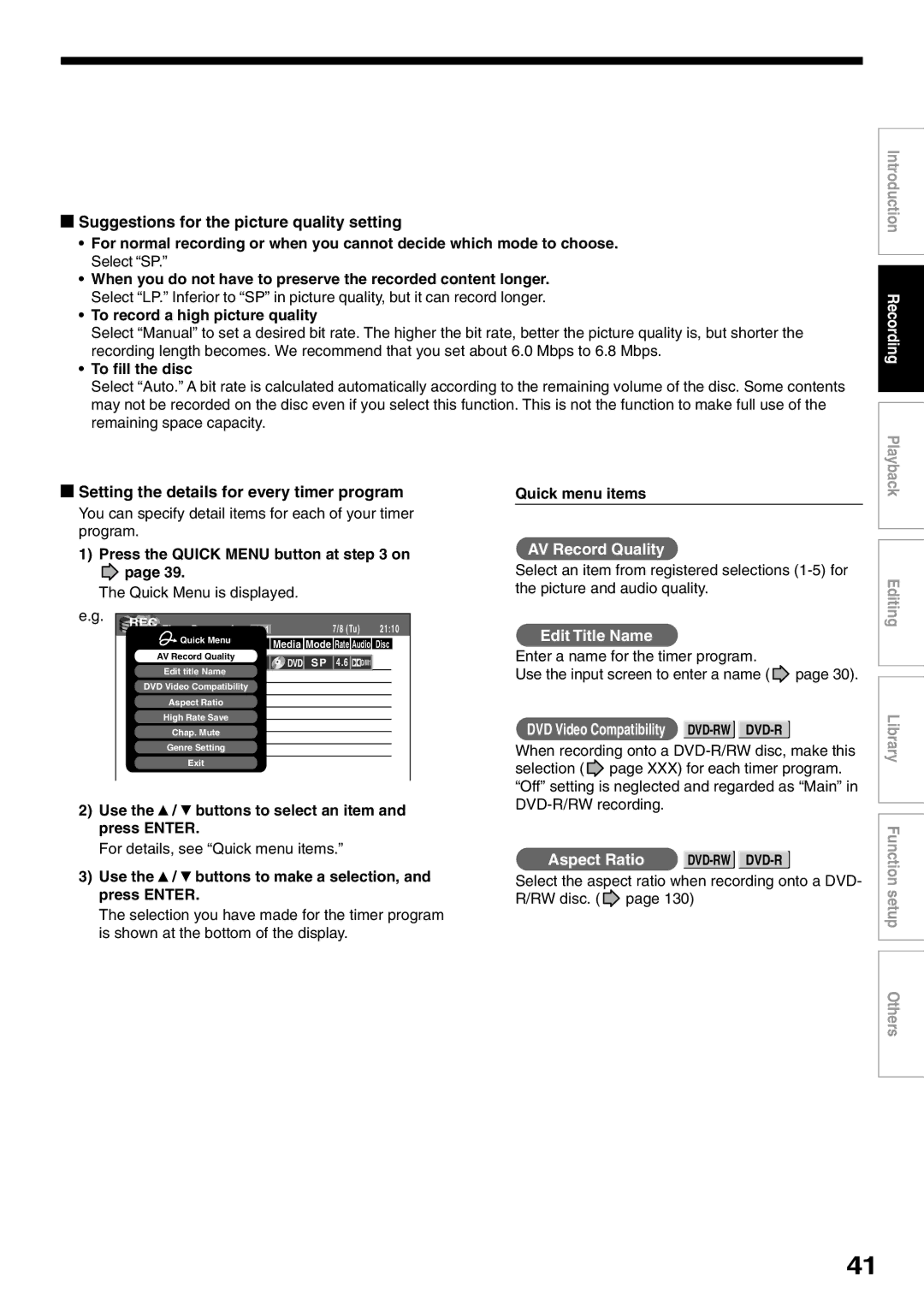 Toshiba D-R1SU owner manual Suggestions for the picture quality setting, Setting the details for every timer program 