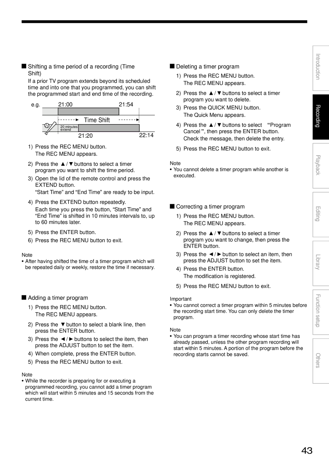 Toshiba D-R1SU Shifting a time period of a recording Time Shift, Adding a timer program, Deleting a timer program 