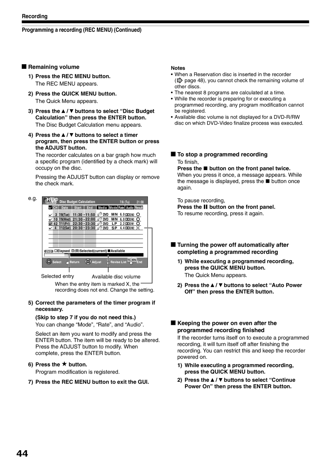 Toshiba D-R1SU owner manual Recording Programming a recording REC Menu Remaining volume, To stop a programmed recording 