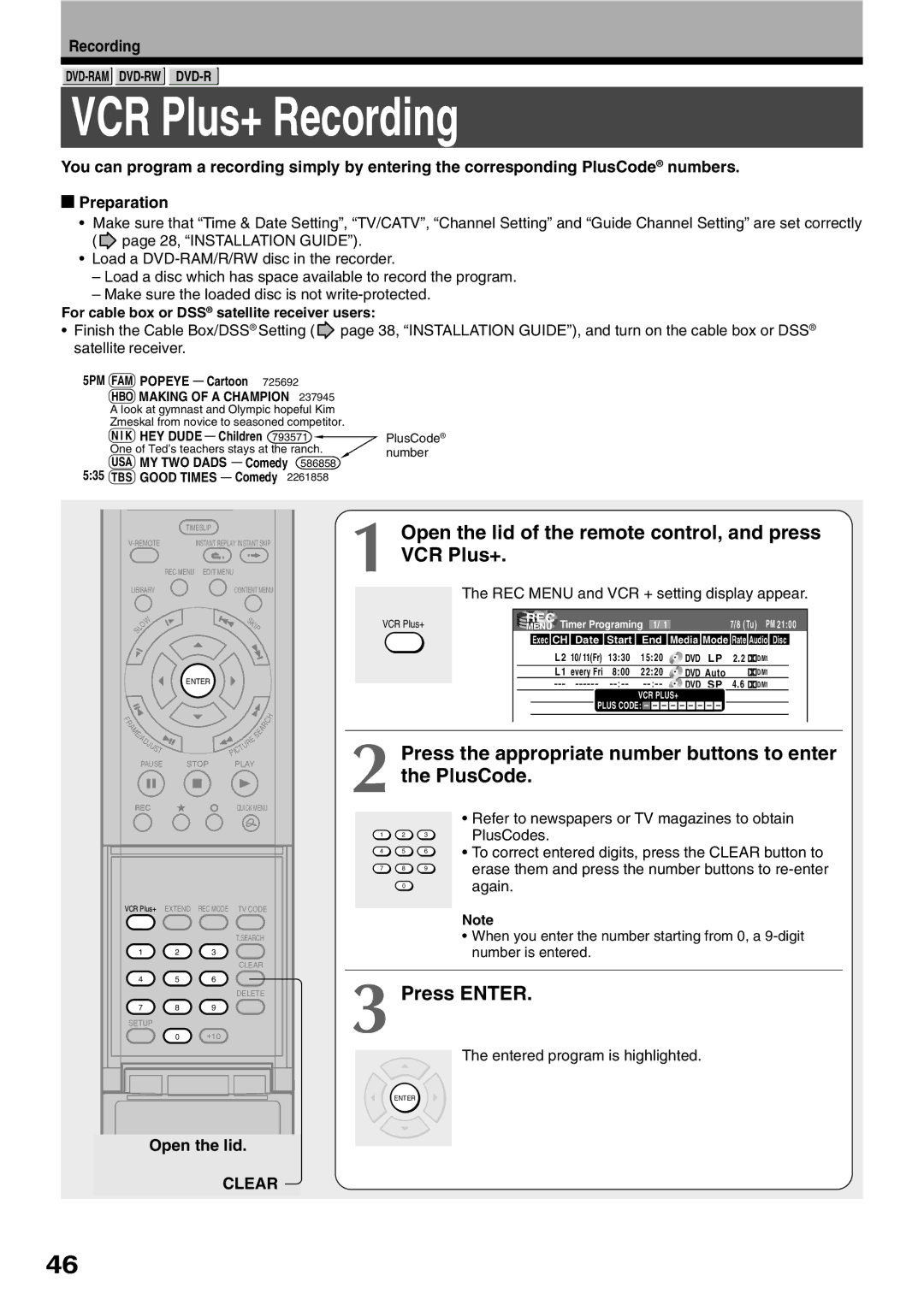 Toshiba D-R1SU owner manual VCR Plus+ Recording, Open the lid of the remote control, and press VCR Plus+ 