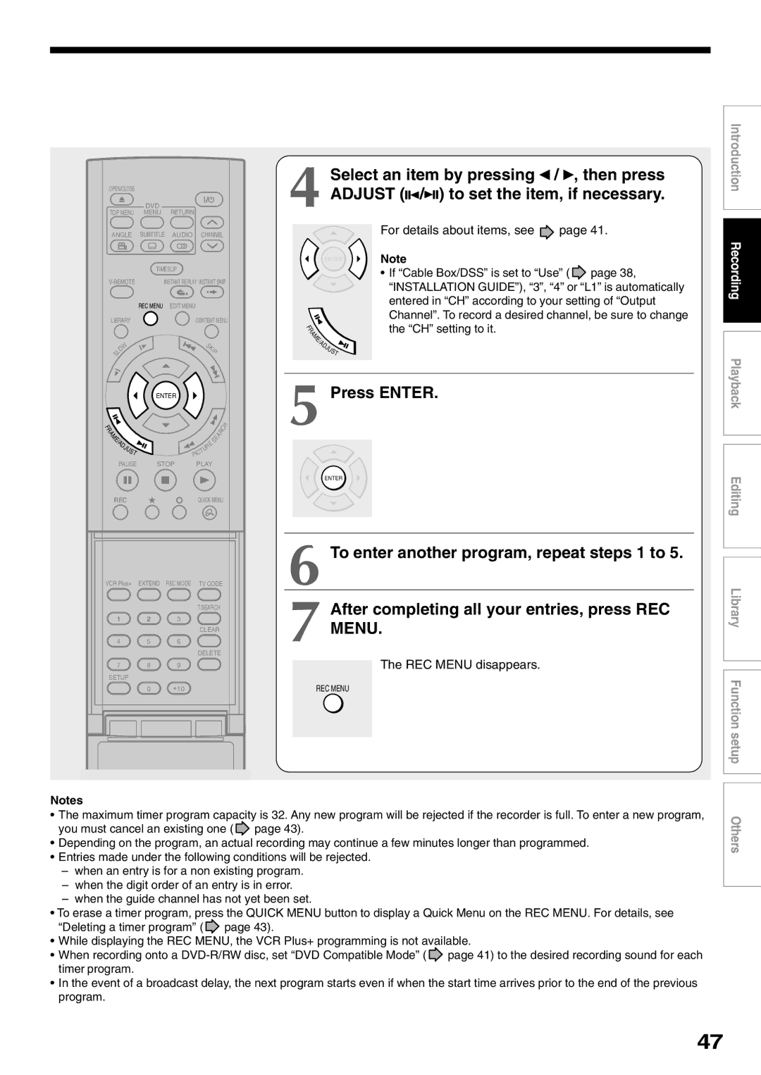 Toshiba D-R1SU owner manual For details about items, see, CH setting to it, REC Menu disappears 