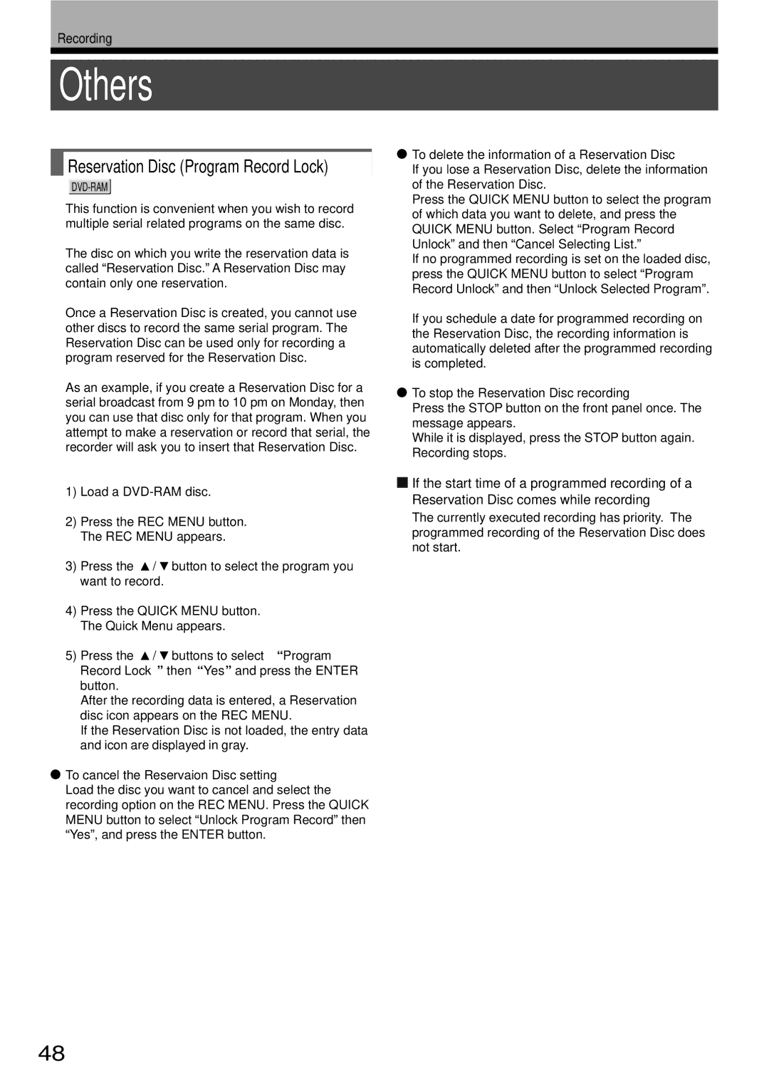 Toshiba D-R1SU owner manual Others, Reservation Disc Program Record Lock, To stop the Reservation Disc recording 