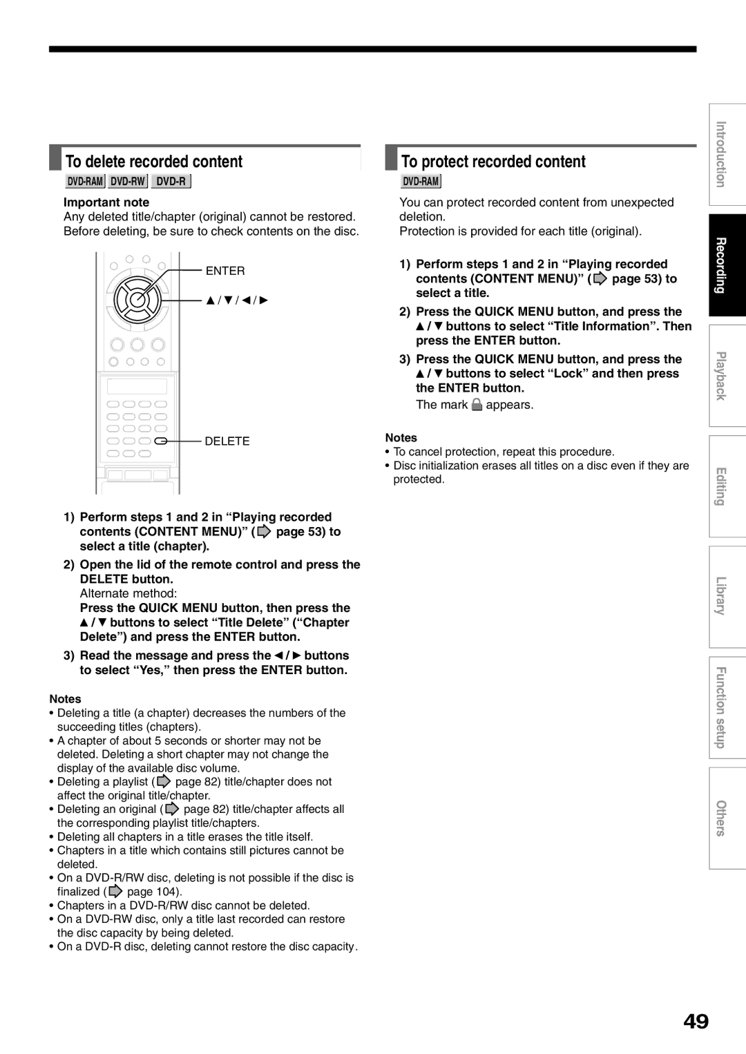 Toshiba D-R1SU owner manual To delete recorded content, To protect recorded content, Important note, Alternate method 