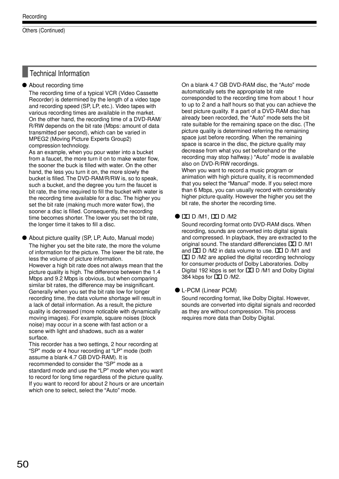 Toshiba D-R1SU owner manual Technical Information 