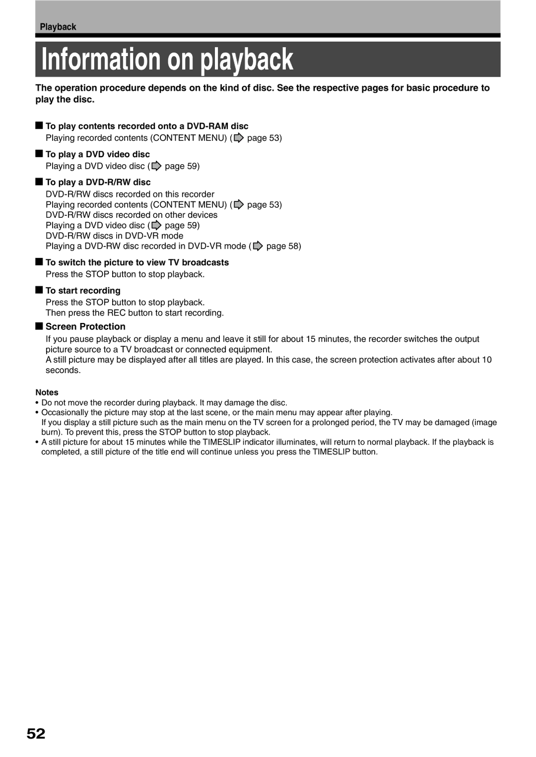 Toshiba D-R1SU owner manual Information on playback, Playback, Screen Protection 