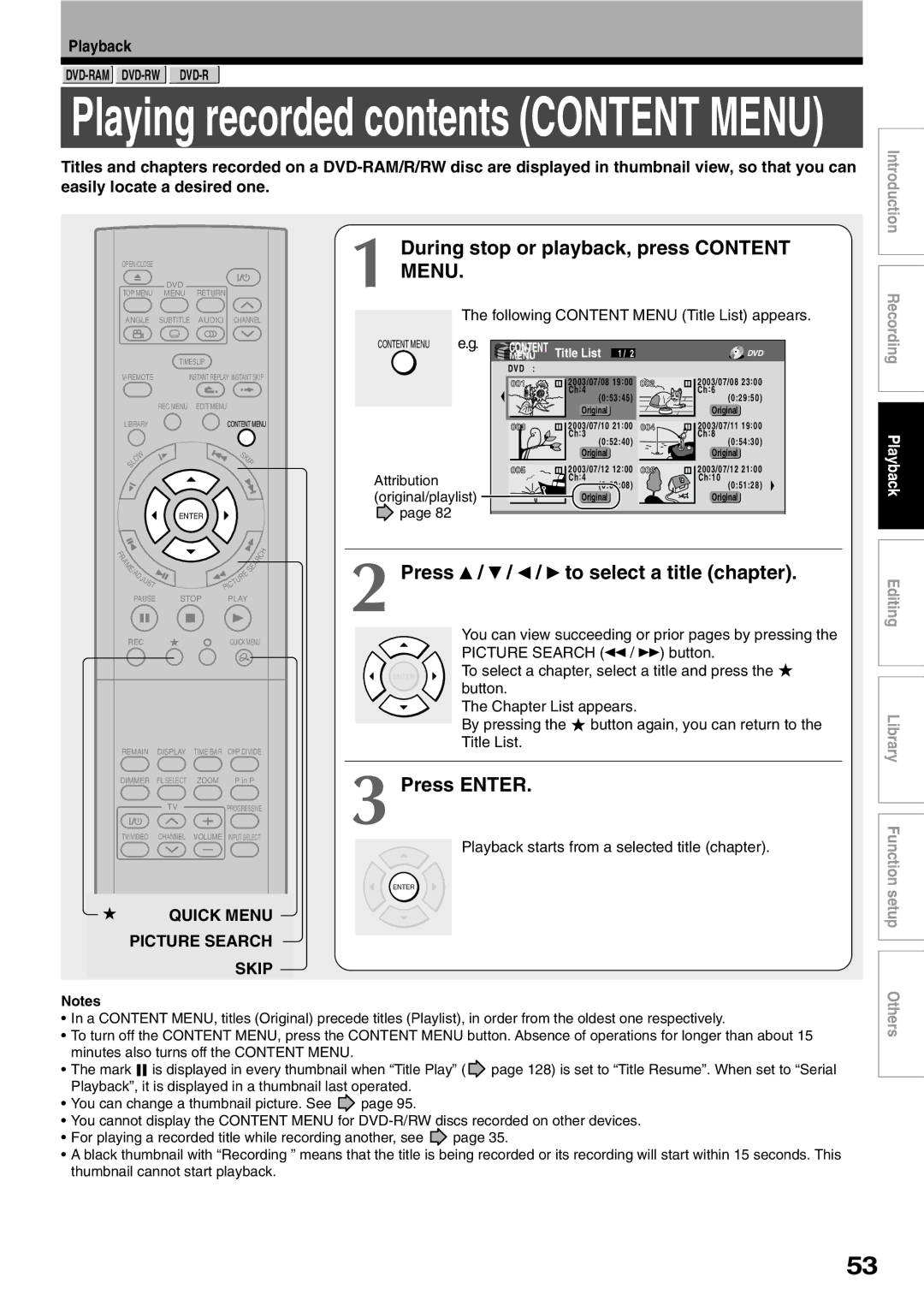 Toshiba D-R1SU owner manual Playing recorded contents Content Menu 