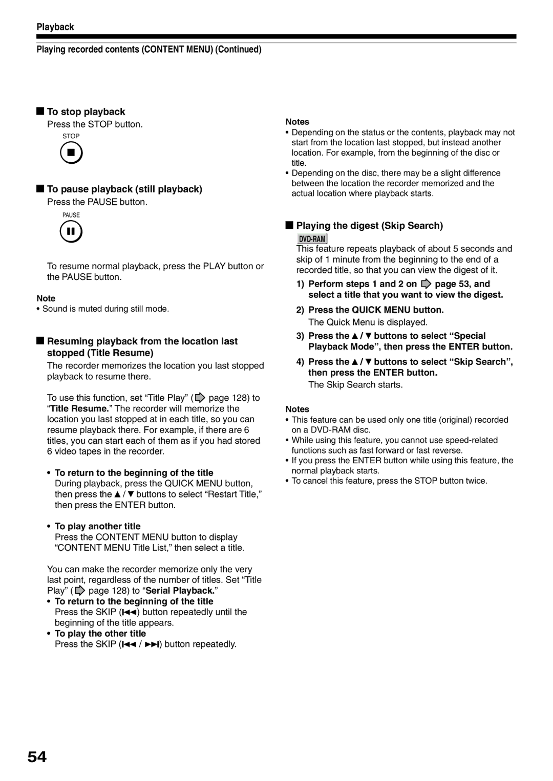 Toshiba D-R1SU To pause playback still playback, Playing the digest Skip Search, To return to the beginning of the title 