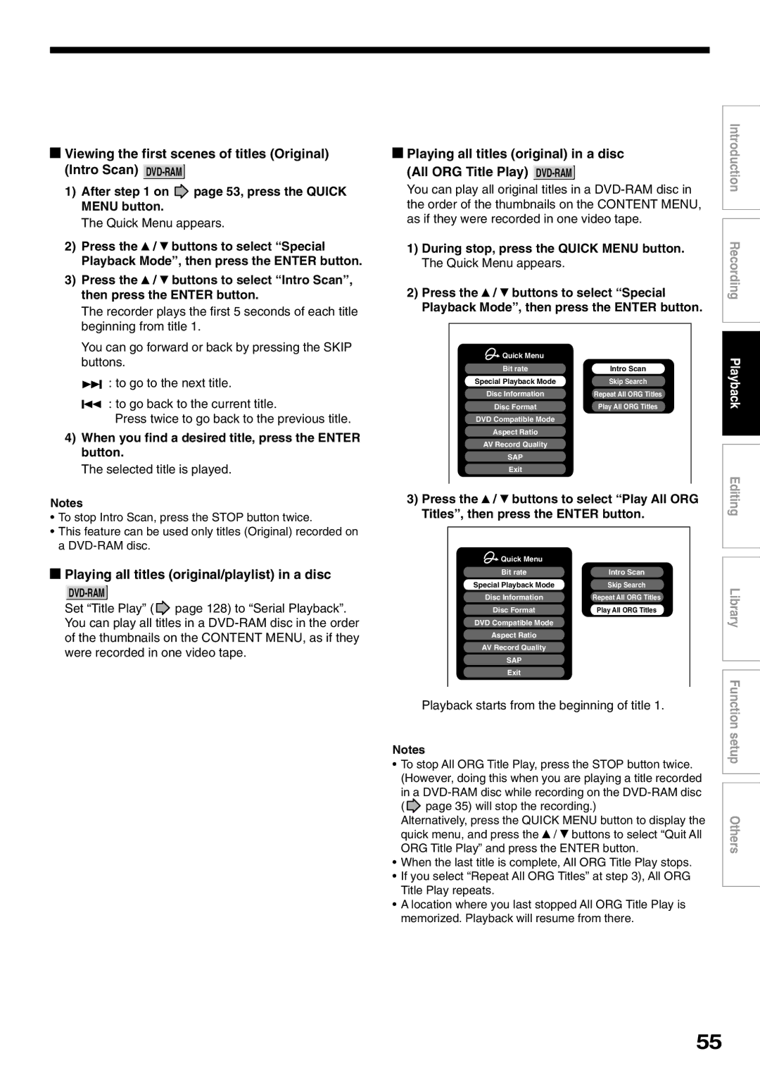 Toshiba D-R1SU owner manual Playing all titles original/playlist in a disc, After on page 53, press the Quick Menu button 