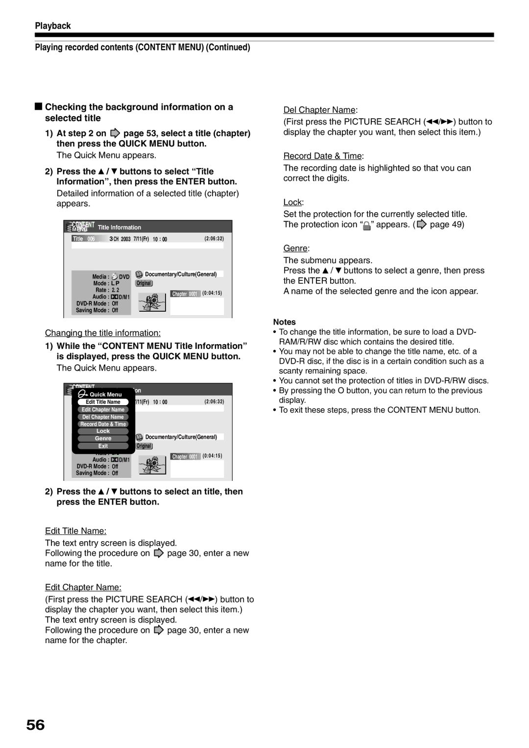 Toshiba D-R1SU owner manual Detailed information of a selected title chapter appears, Changing the title information 