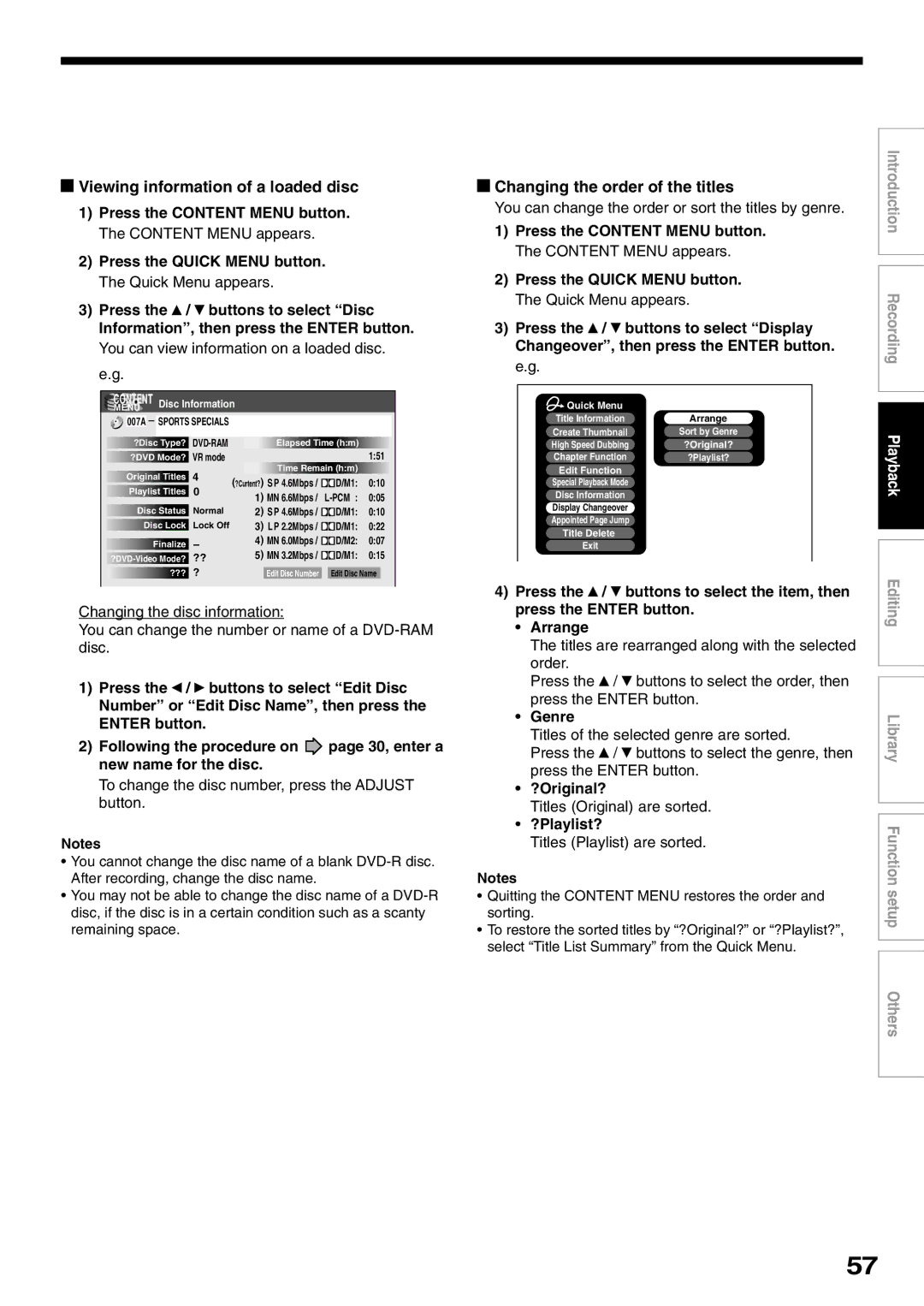 Toshiba D-R1SU Viewing information of a loaded disc, Changing the order of the titles, Genre, ?Original?, ?Playlist? 