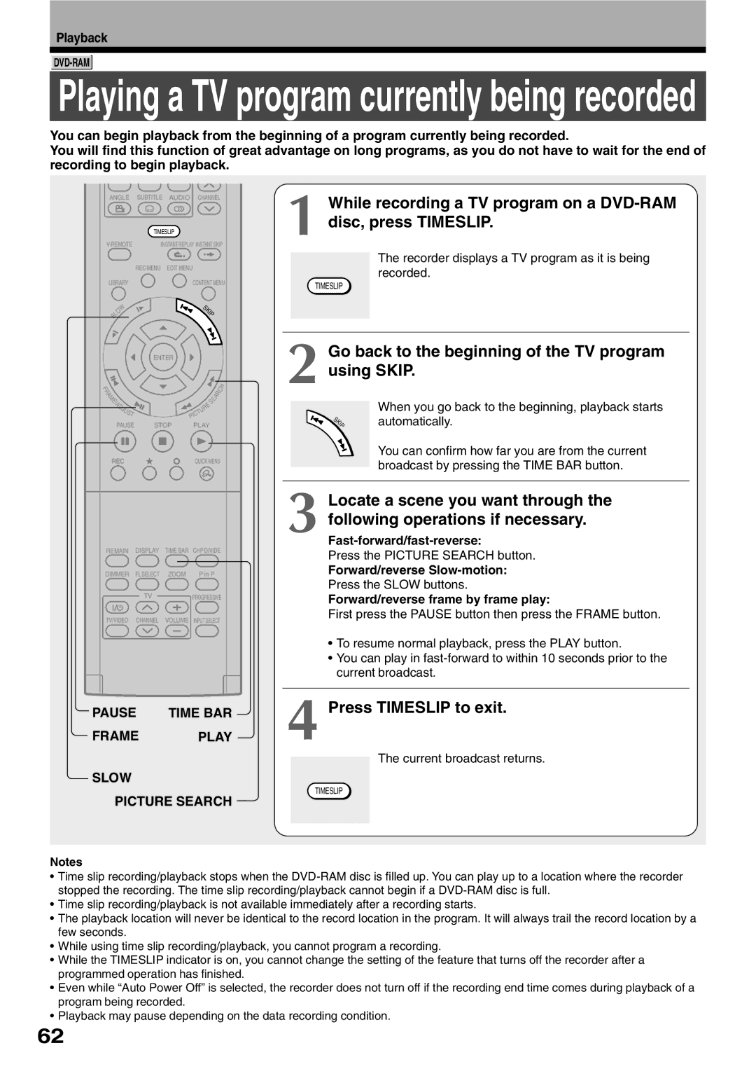 Toshiba D-R1SU owner manual Go back to the beginning of the TV program using Skip, Press Timeslip to exit 