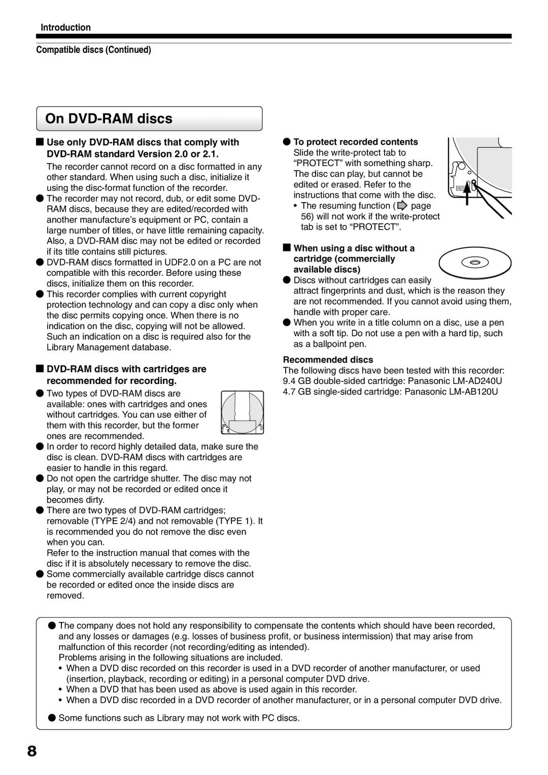 Toshiba D-R1SU On DVD-RAM discs, Introduction Compatible discs, To protect recorded contents, Recommended discs 