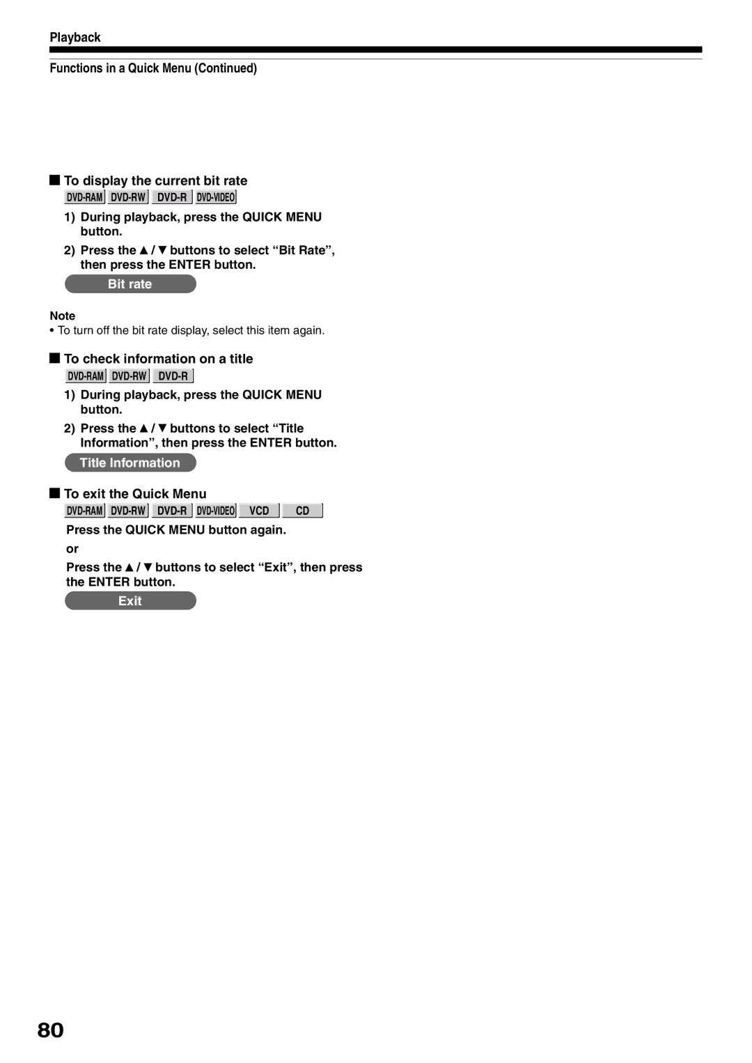 Toshiba D-R1SU owner manual To check information on a title, To turn off the bit rate display, select this item again 