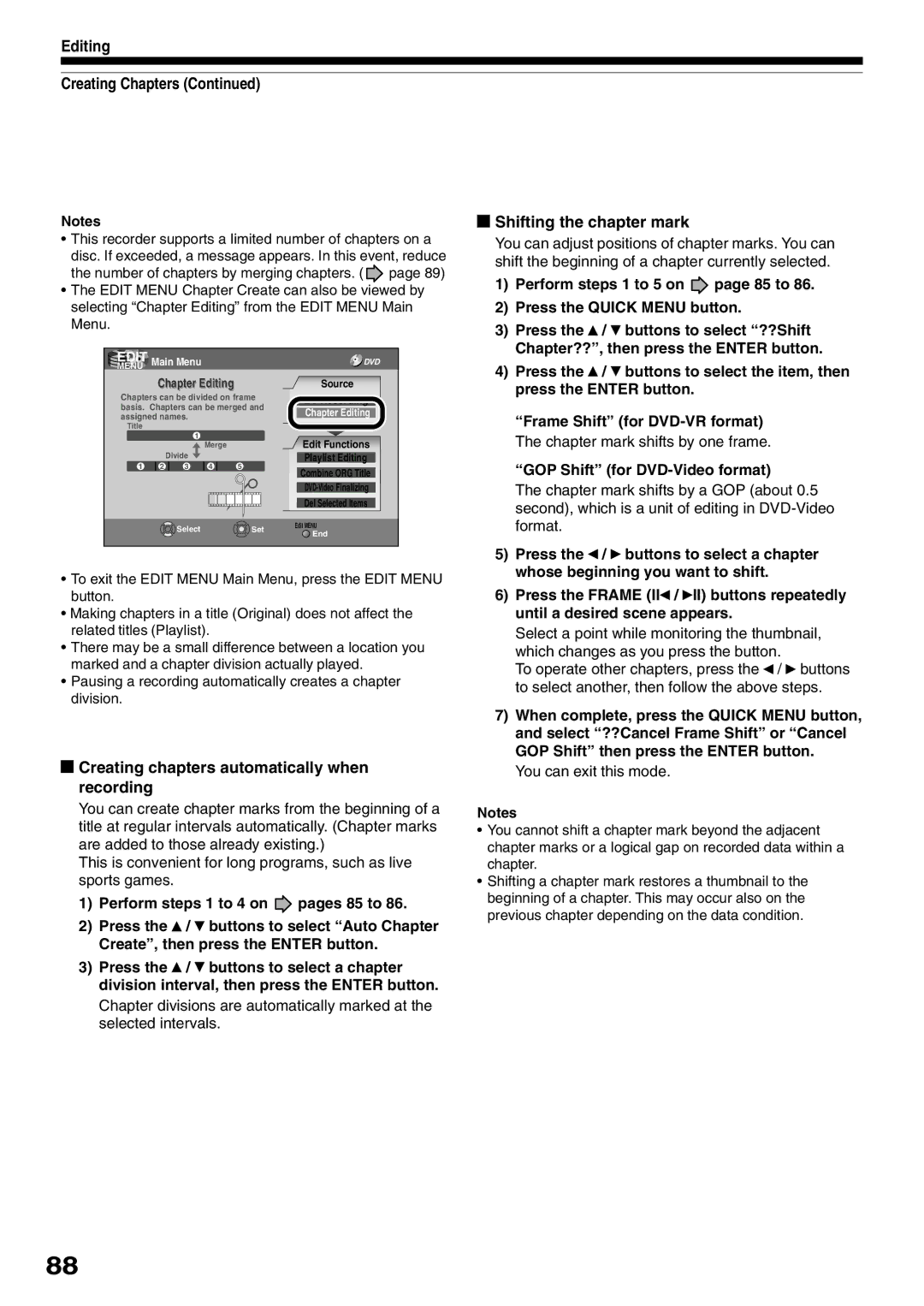 Toshiba D-R1SU owner manual Shifting the chapter mark, Creating chapters automatically when recording 