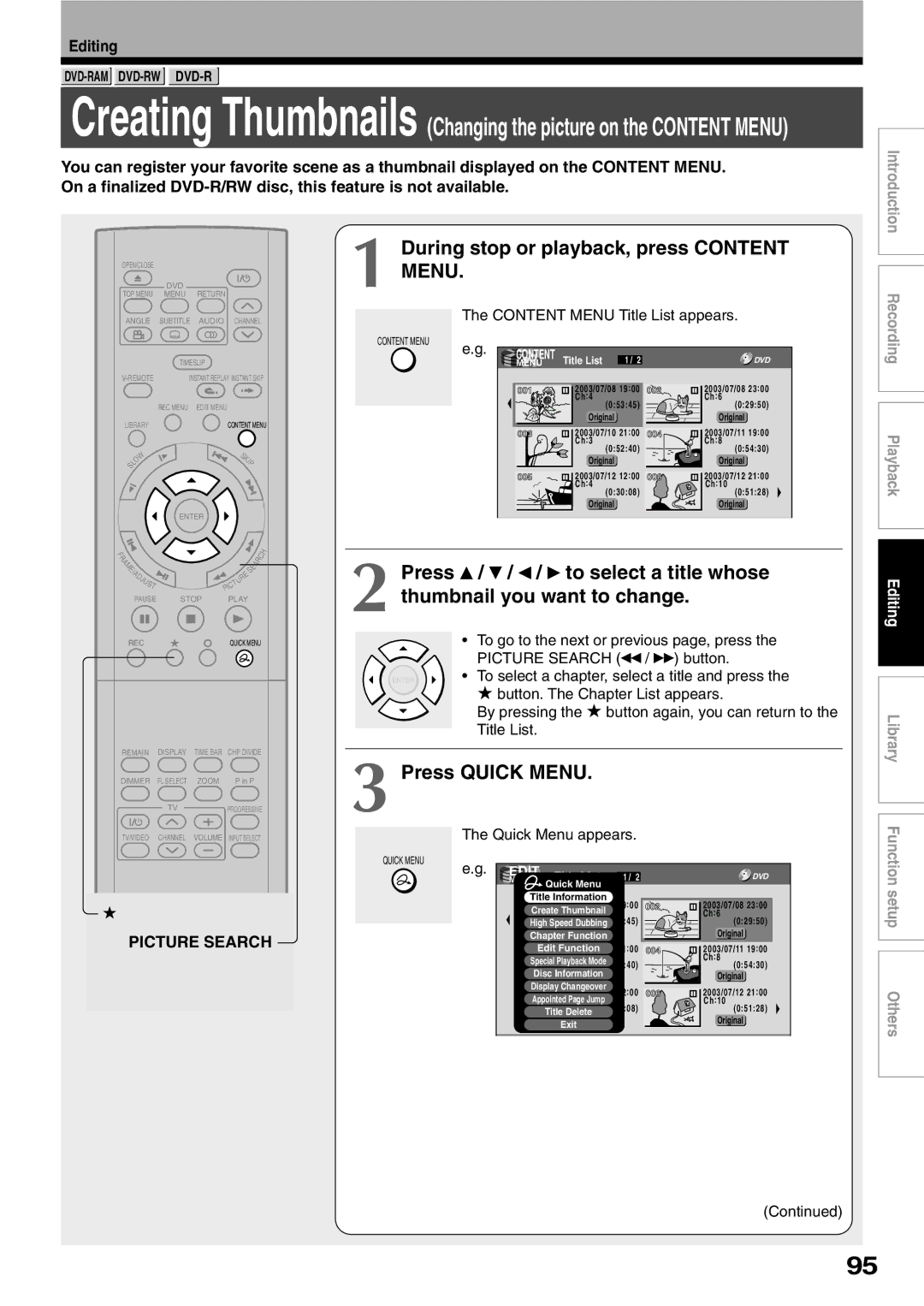 Toshiba D-R1SU owner manual Creating Thumbnails Changing the picture on the Content Menu 