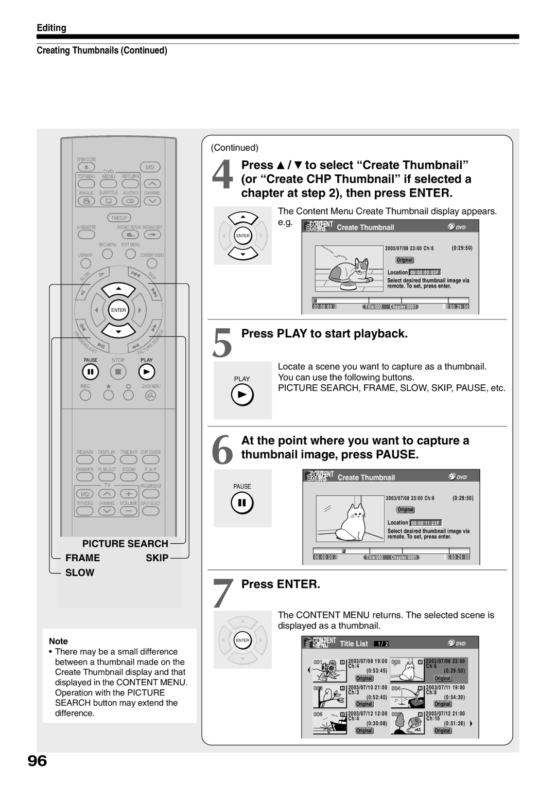 Toshiba D-R1SU owner manual Editing Creating Thumbnails, Content Menu Create Thumbnail display appears 