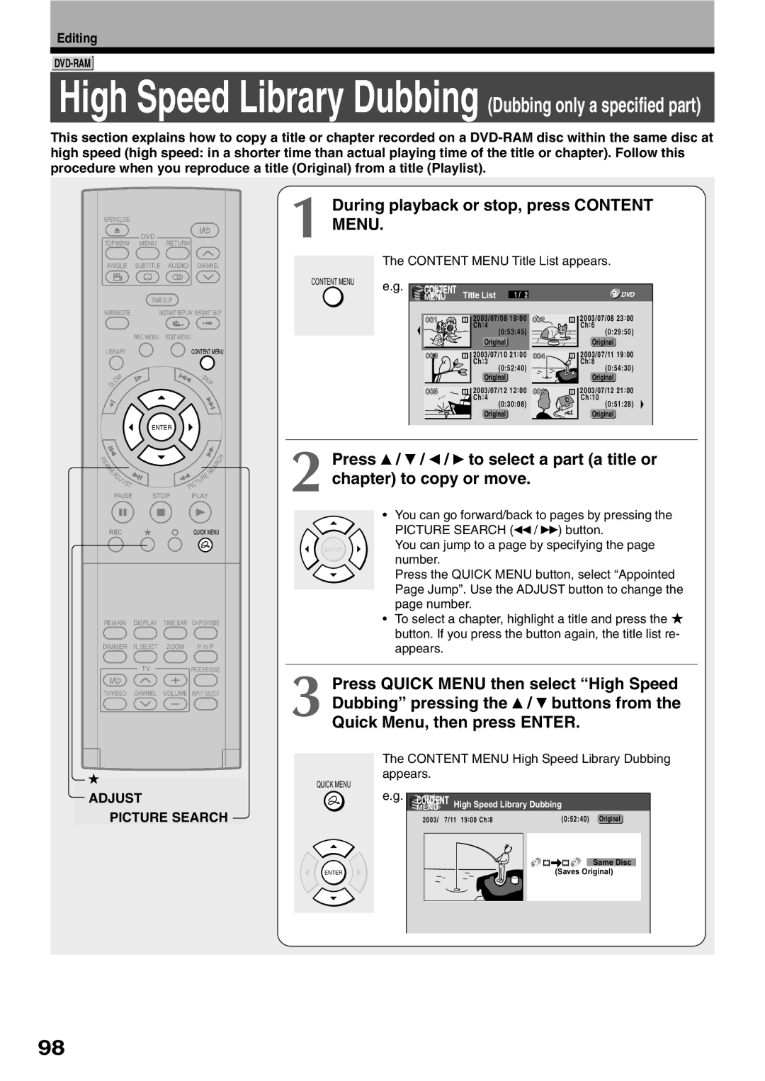 Toshiba D-R1SU owner manual During playback or stop, press Content Menu, You can jump to a page by specifying 