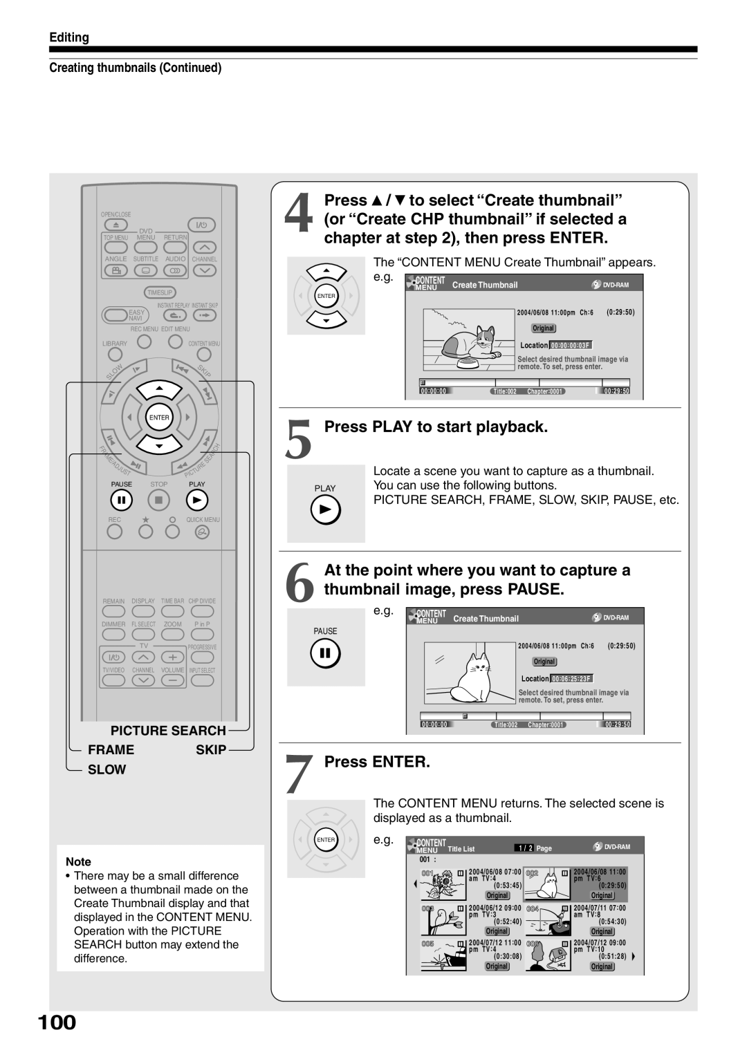 Toshiba D-R2SC, D-R2SU, D-KR2SU owner manual 100, Editing Creating thumbnails, Content Menu Create Thumbnail appears 