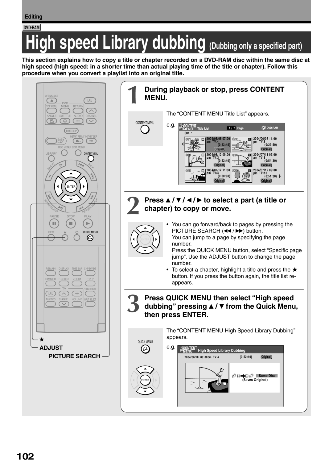 Toshiba D-R2SU, D-R2SC, D-KR2SU 102, During playback or stop, press Content Menu, You can jump to a page by specifying 