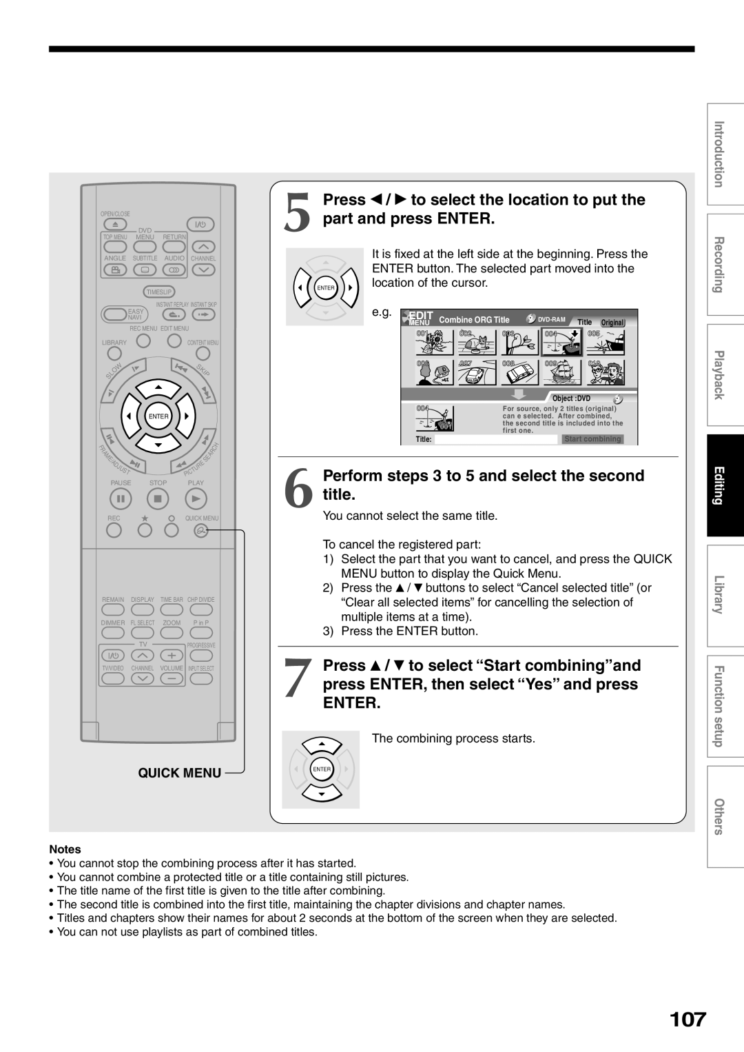 Toshiba D-KR2SU, D-R2SU, D-R2SC owner manual 107, Perform steps 3 to 5 and select the second title, Combining process starts 