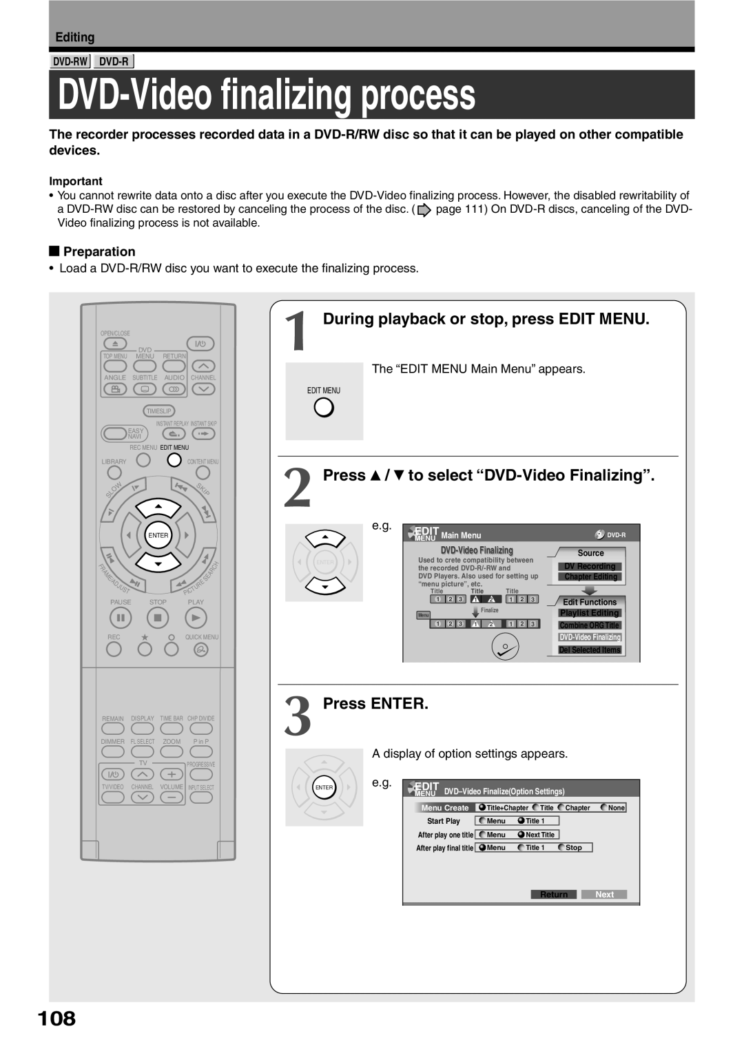 Toshiba D-R2SU DVD-Video finalizing process, 108, Press To select DVD-Video Finalizing, Display of option settings appears 