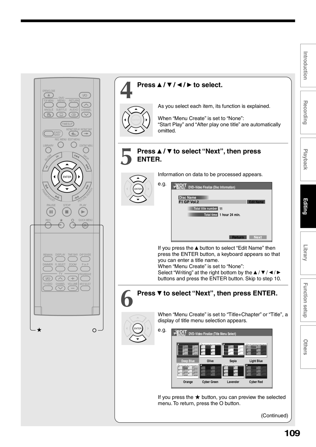 Toshiba D-R2SC 109, Press / / / to select, Press / to select Next, then press, Press to select Next, then press Enter 