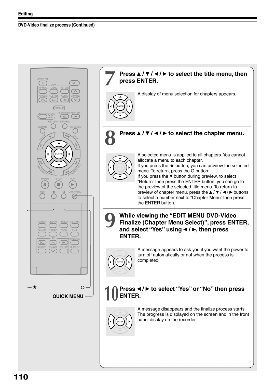 Toshiba D-KR2SU 110, Press / / / to select the title menu, then press Enter, Press / / / to select the chapter menu 