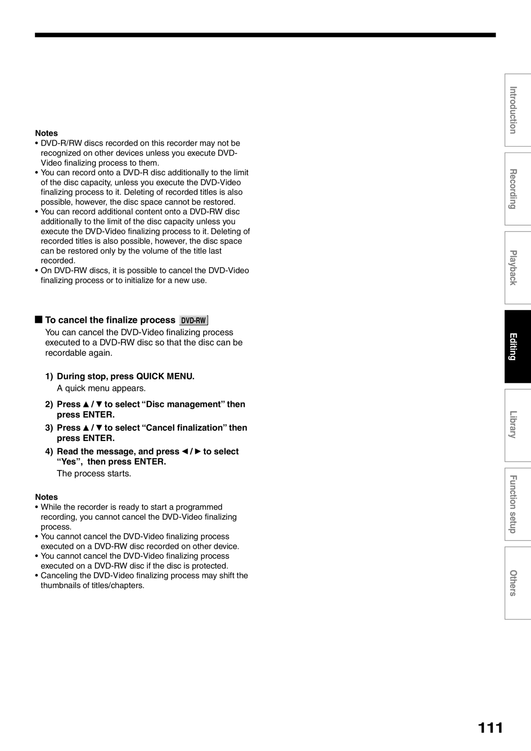 Toshiba D-R2SU, D-R2SC, D-KR2SU owner manual 111, To cancel the finalize process DVD-RW 