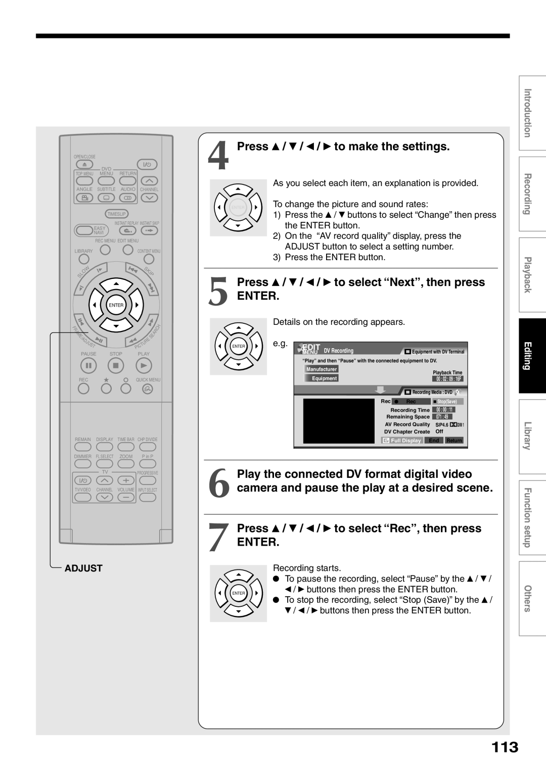 Toshiba D-KR2SU, D-R2SU, D-R2SC owner manual 113, Press / / / to make the settings, Press / / / to select Next, then press 