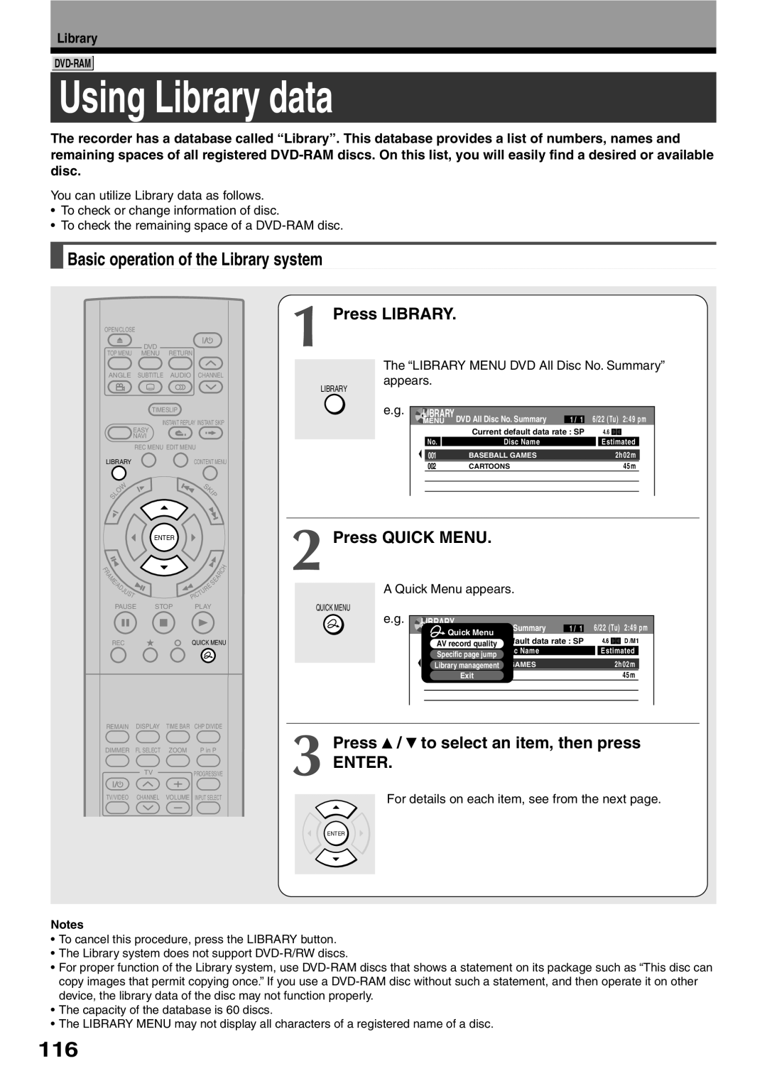 Toshiba D-KR2SU, D-R2SU, D-R2SC owner manual Using Library data, 116, Basic operation of the Library system, Press Library 