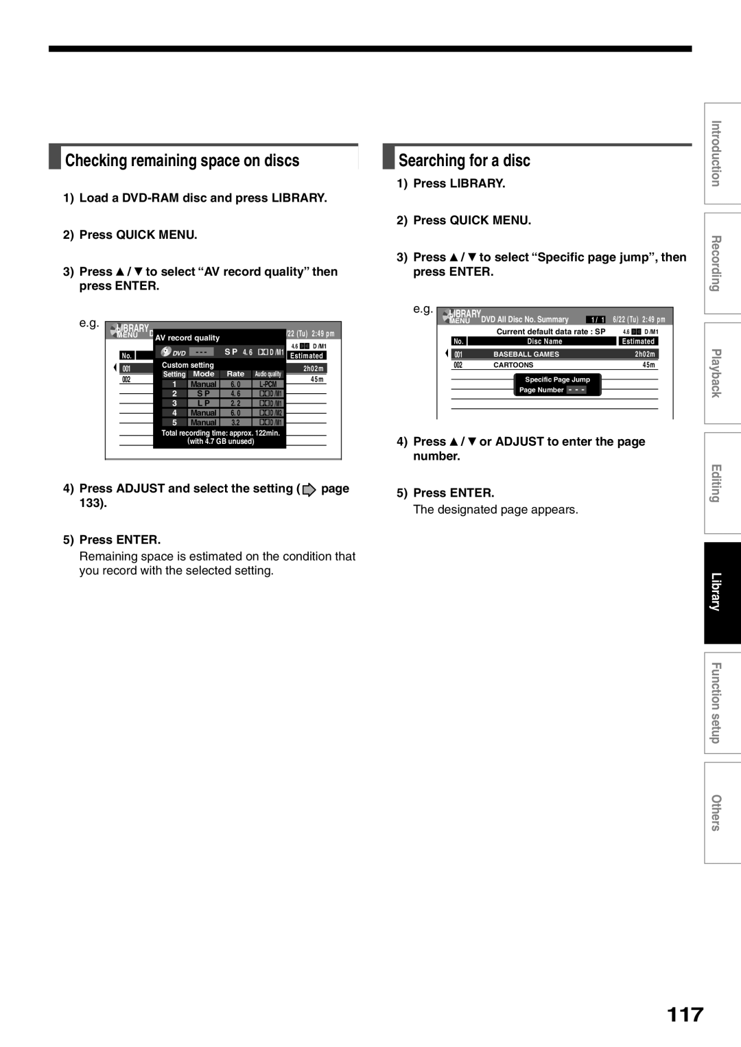 Toshiba D-R2SU, D-R2SC, D-KR2SU owner manual 117, Checking remaining space on discs, Searching for a disc 