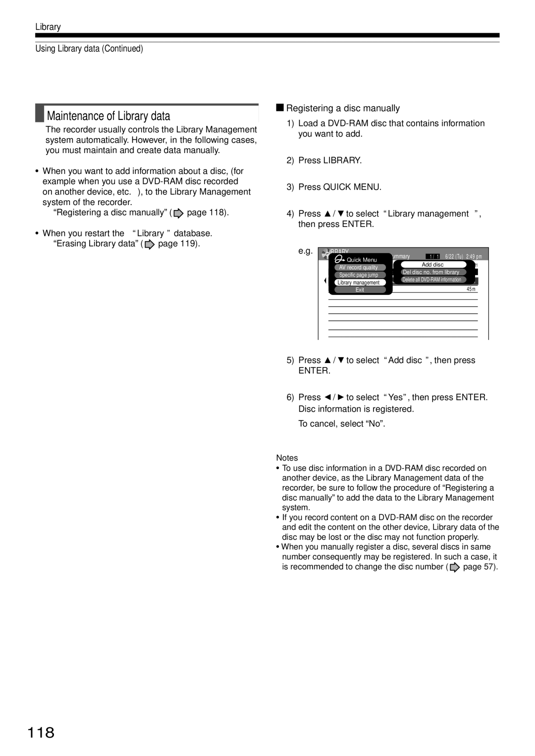 Toshiba D-R2SC, D-R2SU, D-KR2SU 118, Maintenance of Library data, Library Using Library data, Registering a disc manually 