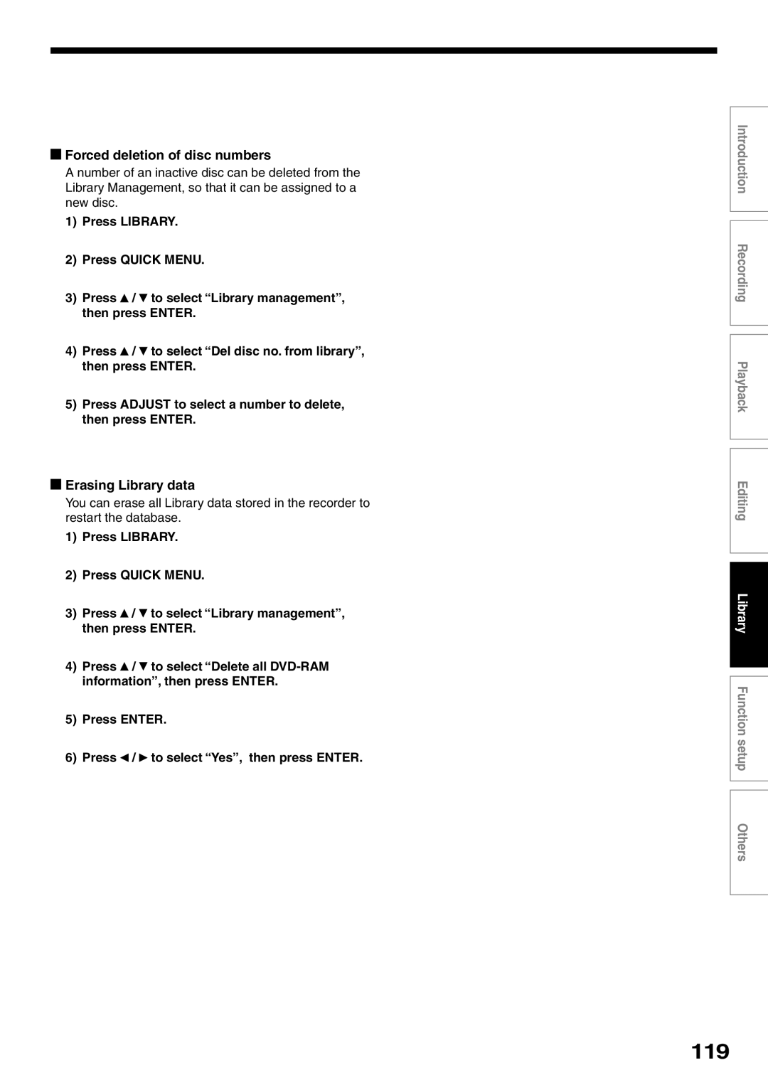 Toshiba D-KR2SU, D-R2SU, D-R2SC owner manual 119, Forced deletion of disc numbers, Erasing Library data 