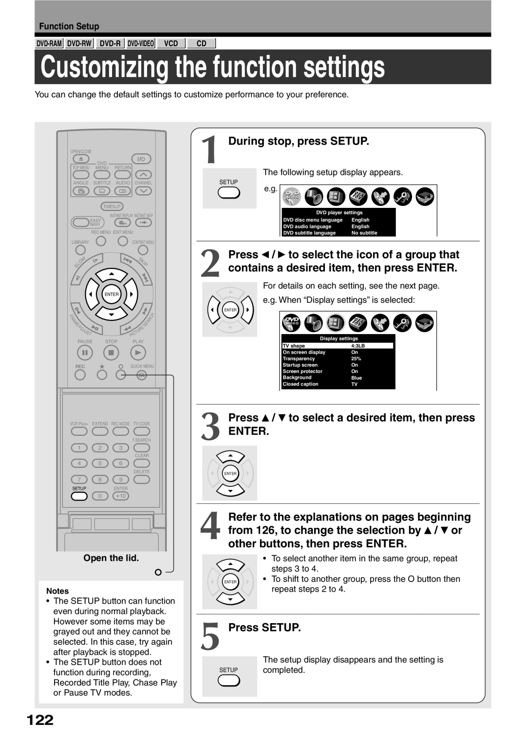 Toshiba D-KR2SU, D-R2SU, D-R2SC owner manual Customizing the function settings, 122, During stop, press Setup, Press Setup 